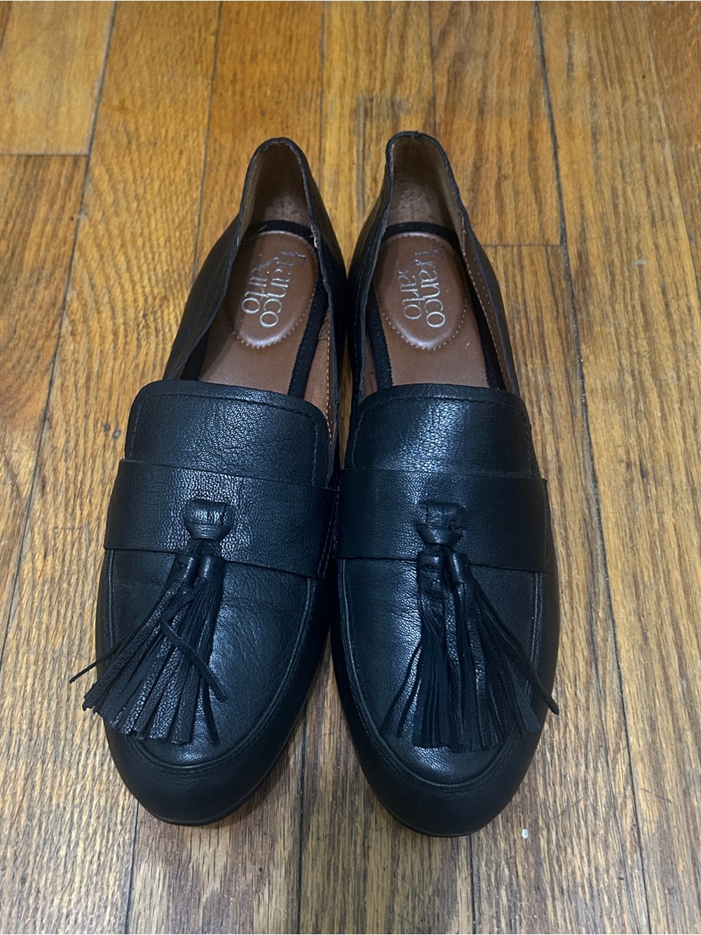 Franco Sarto Black Leather Tassel Loafers Slip-On Padded Insole Size 8